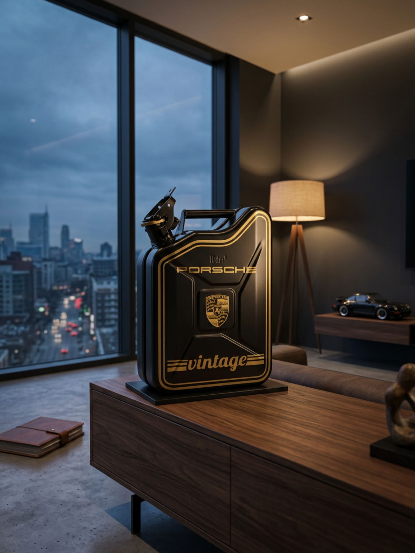 Objet Porsche noir dans un intérieur chic avec vue urbaine