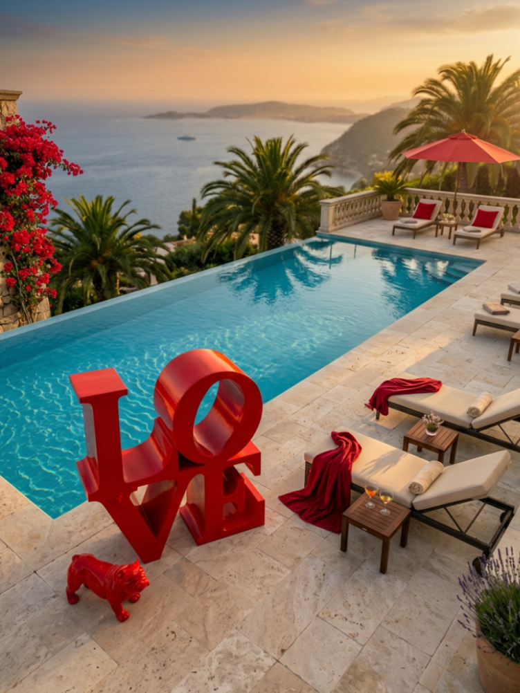 Sculpture LOVE rouge sur terrasse avec piscine